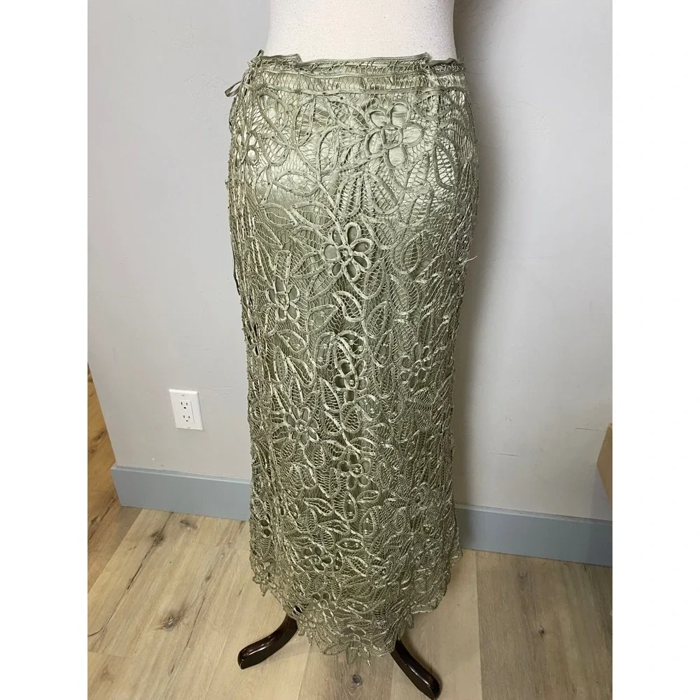 Vintage 90s Y2K Silk 3 Piece Set Lace Beaded Blouse Tank Skirt Sage Green Formal